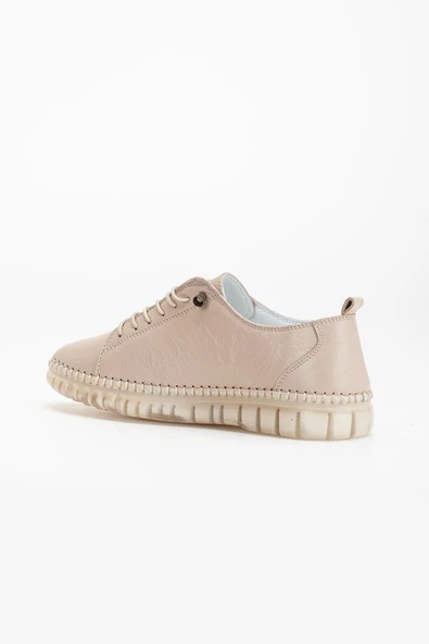 Hakiki Deri Ortopedik Kadın Ayakkabısı Günlük Bej Şeffaf Tabanlı Elastik Bağcıklı - Resim 5