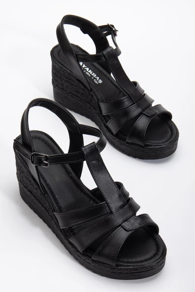 Kadın Dolgu Topuk Sandalet Ayakkabı Siyah 3 Bantlı Baretli ürün görseli