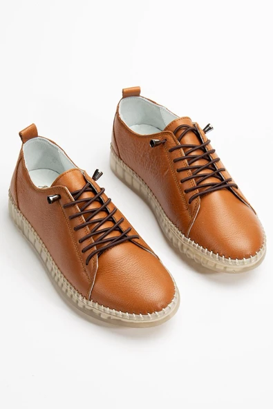 Hakiki Deri Ortopedik Kadın Ayakkabısı Günlük Taba Şeffaf Tabanlı Elastik Bağcıklı ürün görseli