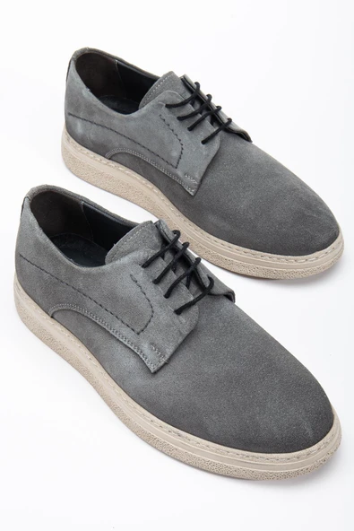Hakiki Deri Süet Erkek Günlük AYkkabı Gri Bağlı Bej Taban ürün görseli