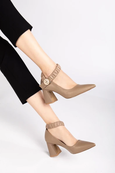 Bilek Elastik Bantlı Suni Deri Vizon Kadın Kalın Topuklu Ayakkabı Stiletto - 2