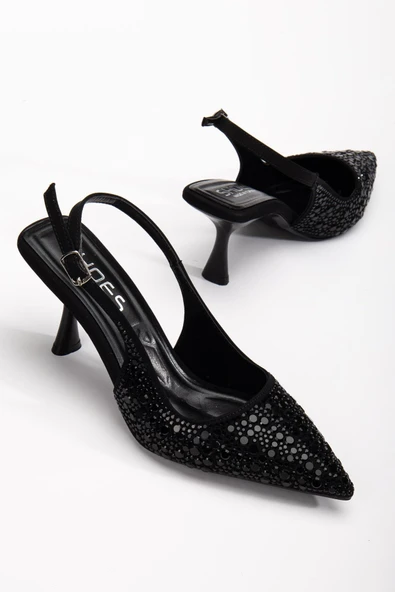 Kadın Abiye Ayakkabı Sİyah İnce Topuklu Taş Döşeme