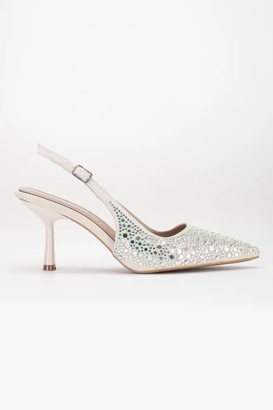 Kadın Abiye Ayakkabı Ten İnce Topuklu Taş Döşeme - Resim 3