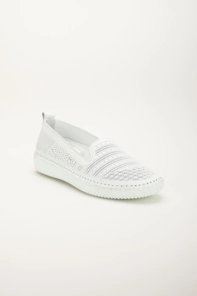 Hakiki Deri Ortopedik Kadın Günlük Ayakkabı Beyaz Bağsız Lazer Baskılı - Resim 4
