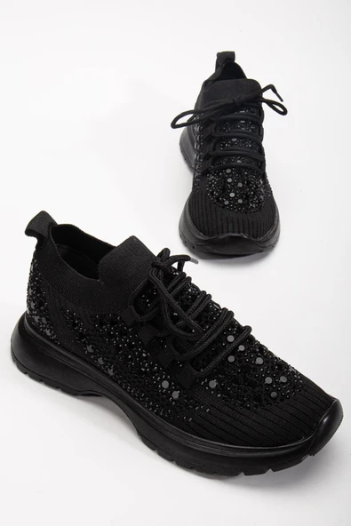 Kadın Spor Ayakkabı Siyah Triko Taş Döşemeli Kalın Taban ürün görseli