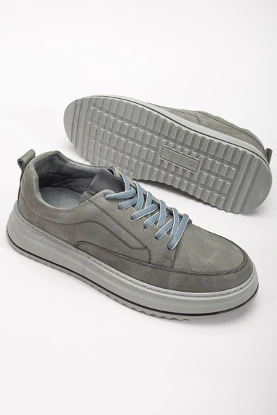 Hakiki Deri Erkek Günlük Ayakkabı Gri Nubuk Poli Taban Bağlı ürün görseli