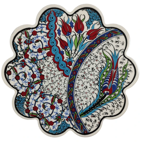 Çini Desenli Çiçekler Seramik Nihale 18 Cm Koruyucu Kaydırmaz Altlik Model 6