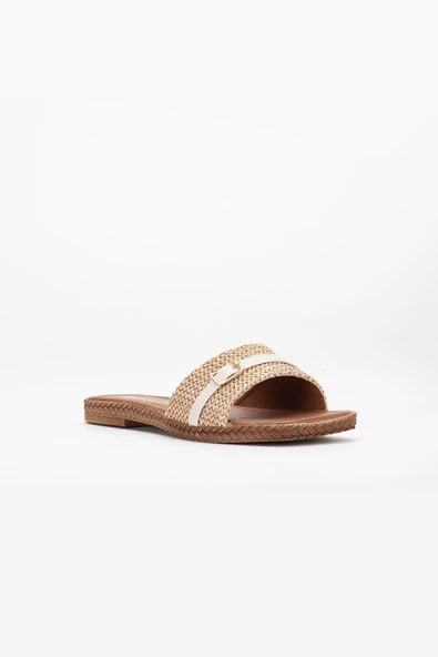 Kadın Düz Topuk Terlik Bej Hasır Kalın Tek Bant - Resim 4