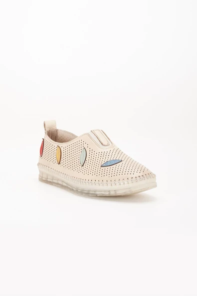 Hakiki Deri Ortopedik Kadın Günlük Ayakkabı Bej Lazer Yaprak Desenli - Resim 4