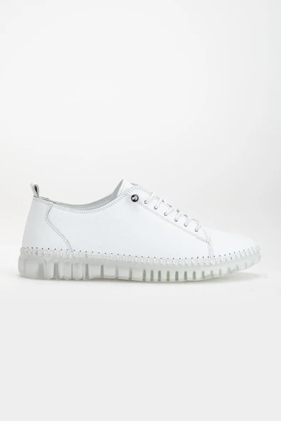 Hakiki Deri Ortopedik Kadın Ayakkabısı Günlük Beyaz Şeffaf Tabanlı Elastik Bağcıklı - Resim 3