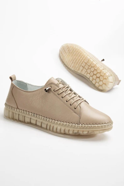 Hakiki Deri Ortopedik Kadın Ayakkabısı Günlük Bej Şeffaf Tabanlı Elastik Bağcıklı ürün görseli