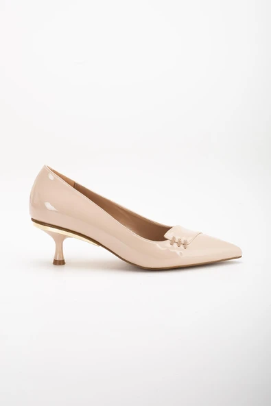 Büyük Numara Rugan Taşlı Yan Yüzlü Ten Kadın Kısa Topuklu Ayakkabı - Resim 3