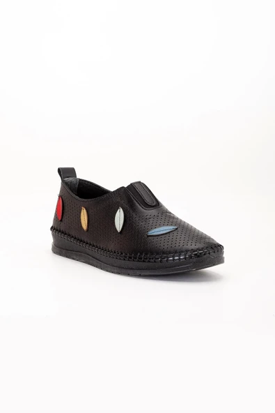 Hakiki Deri Ortopedik Kadın Günlük Ayakkabı Siyah Lazer Yaprak Desenli - Resim 4