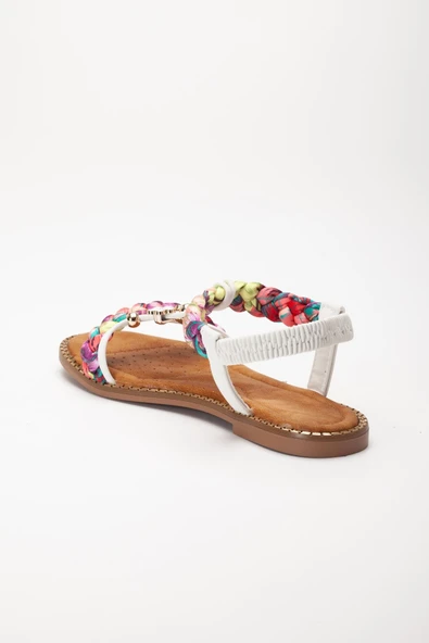 Kadın DÜz Topuklu Sandalet Beyaz Örgü Bantlı Çiçek Tokalı - Resim 5