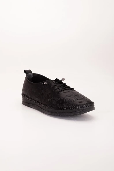 Hakiki Deri Kadın Günlük Ayakkabı Siyah Lazer Baskılı Elastik Bağcıklı Jel Taban - Resim 4