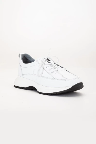 Hakiki Deri Erkek Günlük Ayakkabı Beyaz Elastik Bağcıklı Kalın Taban - Resim 4