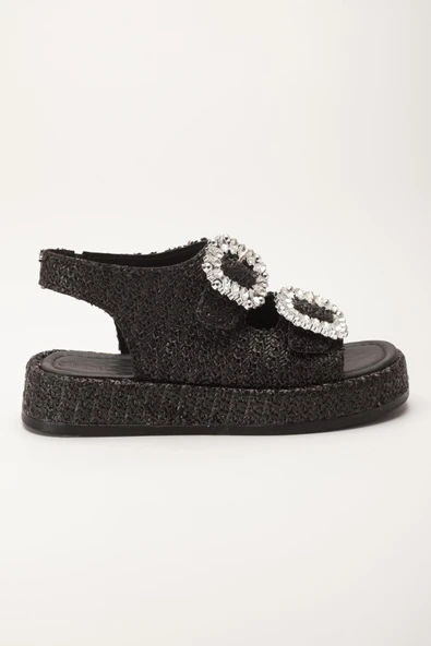 Kadın Dolgu Topuk Sandalet Siyah Çift Bantlı Hasır Malzeme Taşlı Tokalı - Resim 3