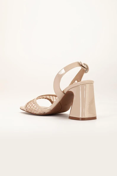 Kadın Topuklu Sandalet Ten Yan Fileli Rugan - Resim 5