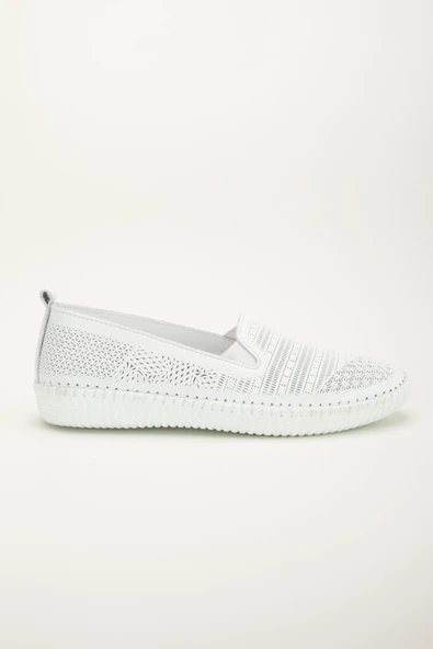 Hakiki Deri Ortopedik Kadın Günlük Ayakkabı Beyaz Bağsız Lazer Baskılı - Resim 3