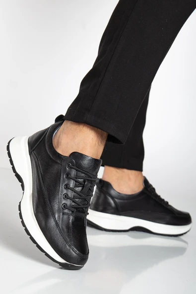 Hakiki Deri Erkek Günlük Ayakkabı Siyah Elastik Bağcıklı Kalın Taban - Resim 2