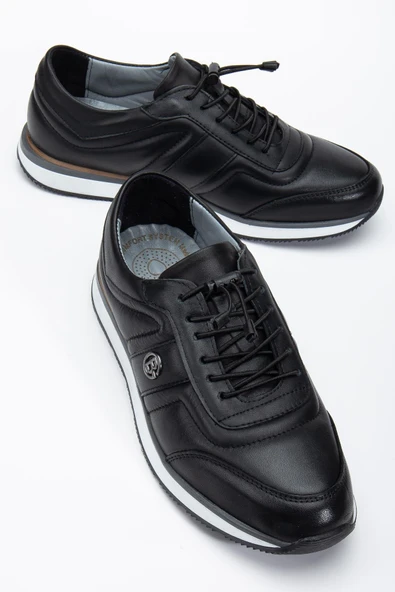 Hakiki Deri Erkek Günlük Ayakkabı Siyah Elastik Bağcıklı İnce Taban ürün görseli