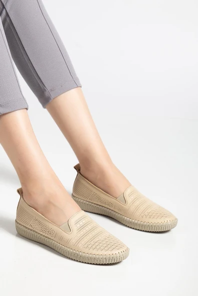 Hakiki Deri Ortopedik Kadın Günlük Ayakkabı Bej Bağsız Lazer Baskılı - Resim 2