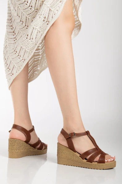 Kadın Dolgu Topuk Sandalet Ayakkabı Taba 3 Bantlı Baretli - Resim 2