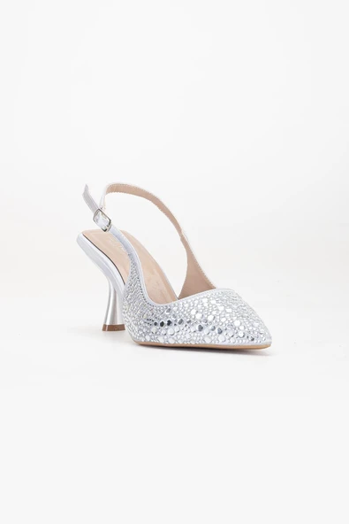 Kadın Abiye Ayakkabı Gümüş İnce Topuklu Taş Döşeme - Resim 4