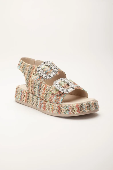 Kadın Dolgu Topuk Sandalet Nude Çift Bantlı Hasır Malzeme Taşlı Tokalı - Resim 4