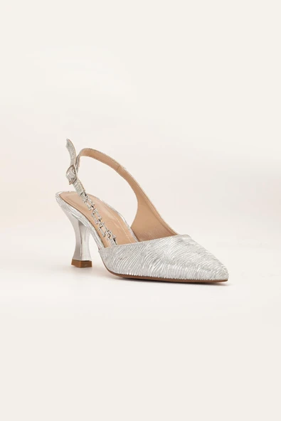 Kadın Topuklu Abiye Ayakkabı Gümüş Parlak Taşlı Zincir Aksesuarlı - Resim 6