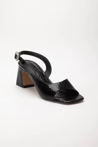 Kadın Topuklu Sandalet Ayakkabı Siyah Rugan Kroko Baskılı Tan Taşlı Tokalı - 4