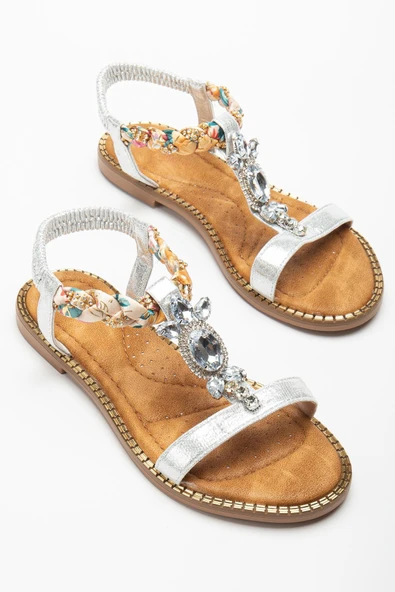 Kadın Düz Topuklu Sandalet Gümüş Taşlı Tokalı Tekbant Örgü Baretli ürün görseli