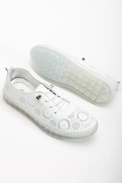 Hakiki Deri Kadın Günlük Ayakkabı Beyaz Lazer Baskılı Elastik Bağcıklı Jel Taban - Resim 2