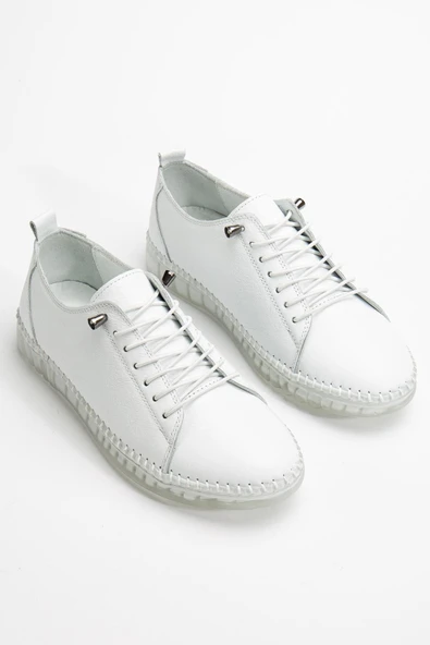 Hakiki Deri Ortopedik Kadın Ayakkabısı Günlük Beyaz Şeffaf Tabanlı Elastik Bağcıklı ürün görseli