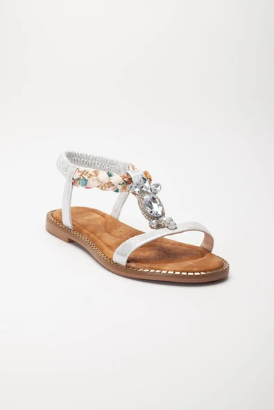 Kadın Düz Topuklu Sandalet Gümüş Taşlı Tokalı Tekbant Örgü Baretli - Resim 4