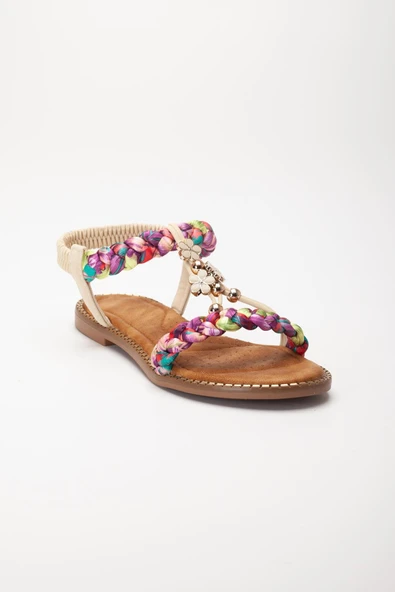 Kadın DÜz Topuklu Sandalet Bej Örgü Bantlı Çiçek Tokalı - Resim 4