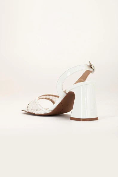 Kadın Topuklu Sandalet Beyaz Yan Fileli Rugan - Resim 5