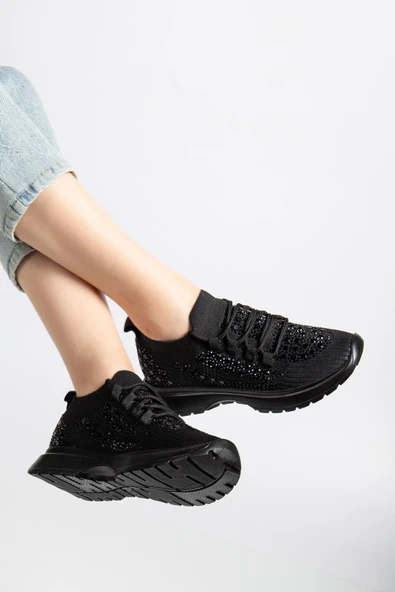 Kadın Spor Ayakkabı Siyah Triko Taş Döşemeli Kalın Taban - Resim 2