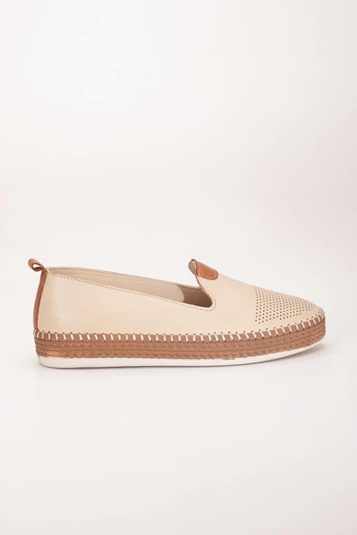 Hakiki Deri Kadın Günlük Ayakkabı Bej Yüzlü Burun Baskılı Düz Taban - Resim 3