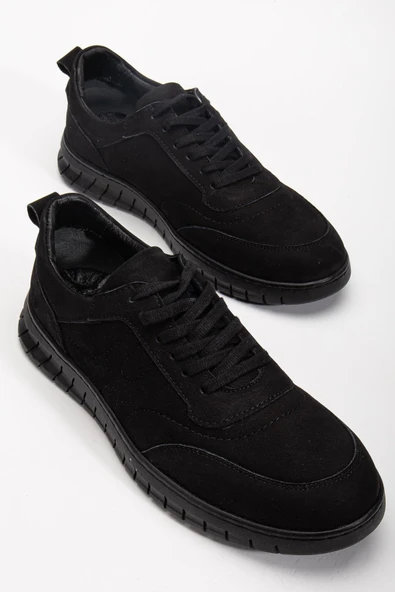 Hakiki Deri Erkek Günlük Ayakkabı Siyah Nubuk Bağlı Termo Taban ürün görseli