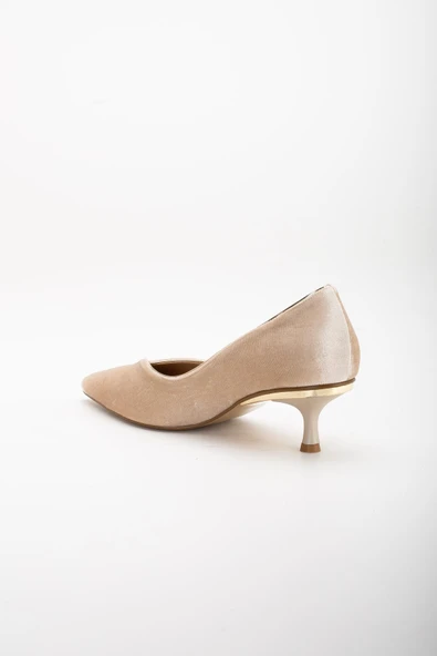 Büyük Numara Kaife V Yüzlü Bej Kadın Kısa Topuklu Ayakkabı - Resim 5