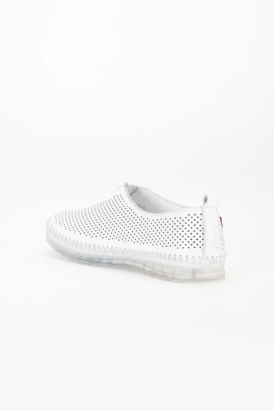 Hakiki Deri Ortopedik Kadın Günlük Ayakkabı Beyaz Lazer Yaprak Desenli - Resim 5
