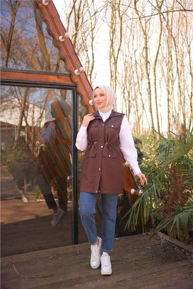 Belden Lastikli Çıtçıtlı Dört Cepli Kapitone Yelek - (38-46) - 71256 - Kahverengi - 3