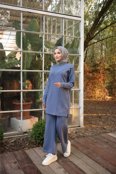 Çarpraz Taş Detaylı O Yaka Sweat-Pantolon İkili Eşofman Spor Takımı - (38-46) - 71215 - İndigo - Resim 2