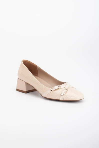 Büyük Numara Kroko Rugan Küt Burun Bej Kadın Kısa Topuklu Ayakkabı - Resim 4