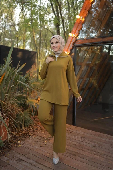 Fermuar Yaka Sade Sweat İkili Takım - (38-46) - 71221 - Hardal - Resim 3