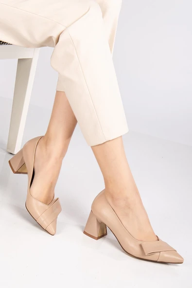 Kadın Topuklu Ayakkabı Nude Yan Fiyonklu Kalın Topuklu - Resim 2