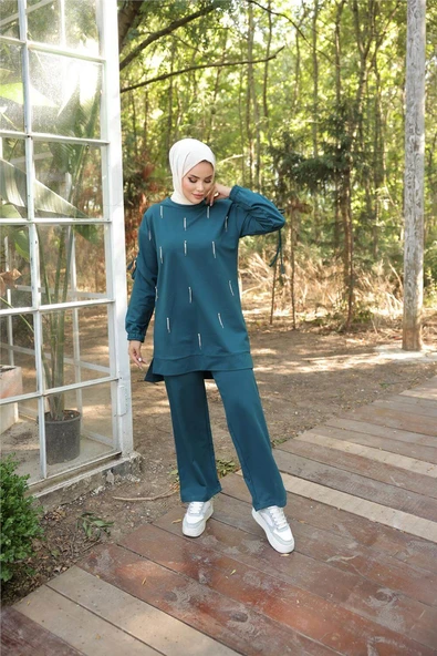 O Yaka Koldan Bağcıklı Taş Detaylı İkili Tesettür Eşofman Takımı - (38-46) - 71208 - Koyu Petrol - Resim 6