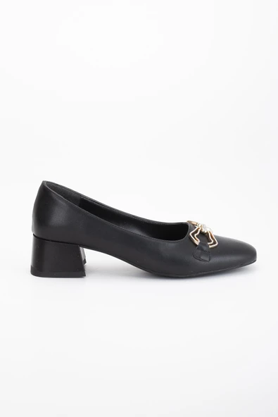 Büyük Numara Cilt Taşlı Aksesuar Siyah Kadın Kısa Topuklu Ayakkabı - Resim 3