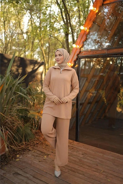 Fermuar Yaka Sade Sweat İkili Takım - (38-46) - 71221 - Bej - Resim 3